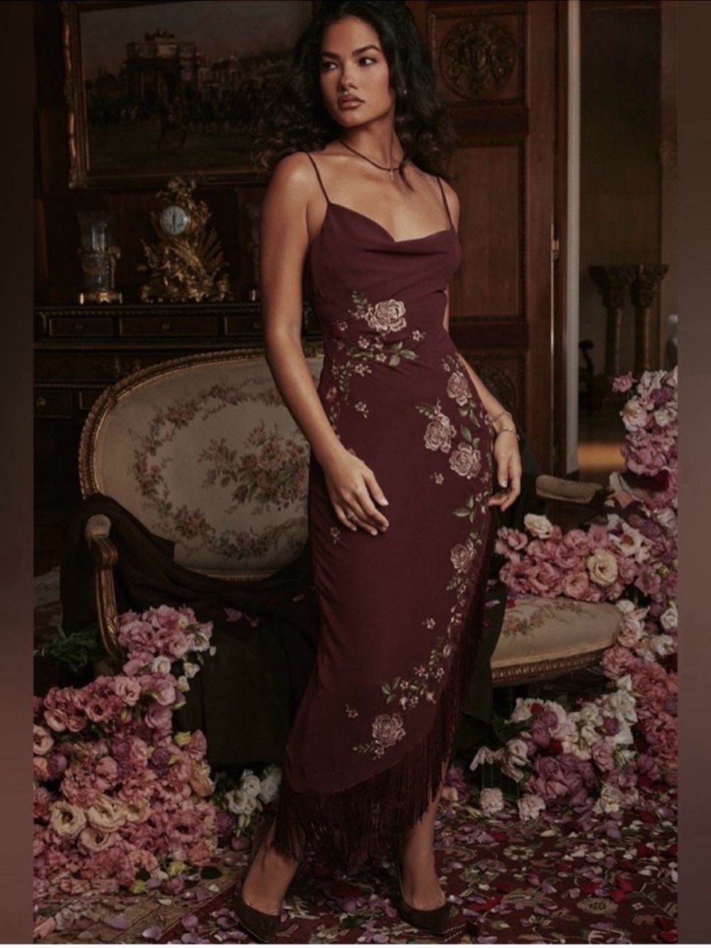 House of CB Eloisa Burgundy Floral Asymmetrical Slip Dress